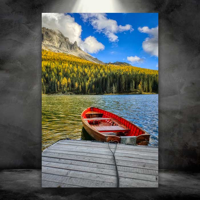 Bright Red Boat and Mountains