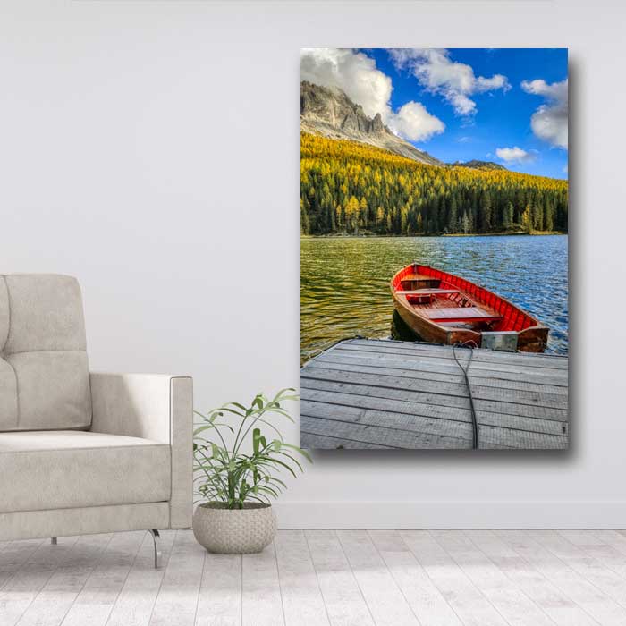 Bright Red Boat and Mountains