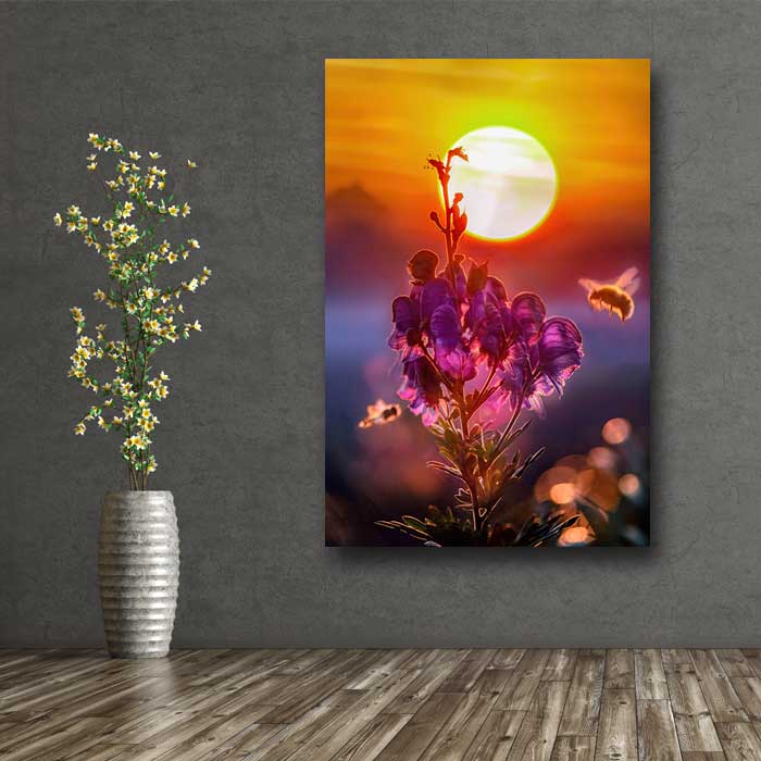 Golden Sunrise with Bees and Flowers