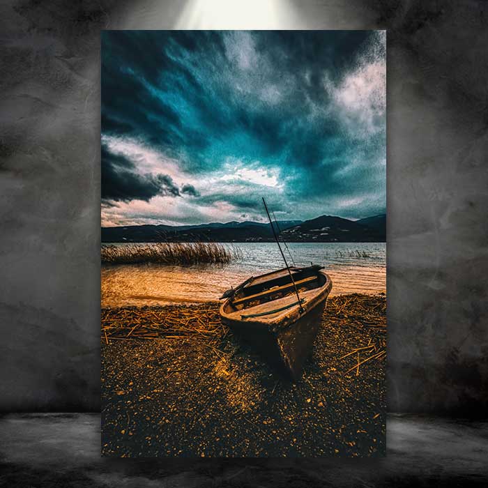 Old Golden Boat and Stormy Clouds