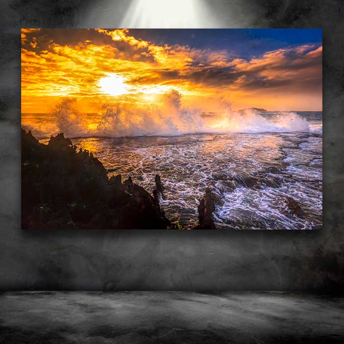 Sunrise and Crashing Waves on Rocks