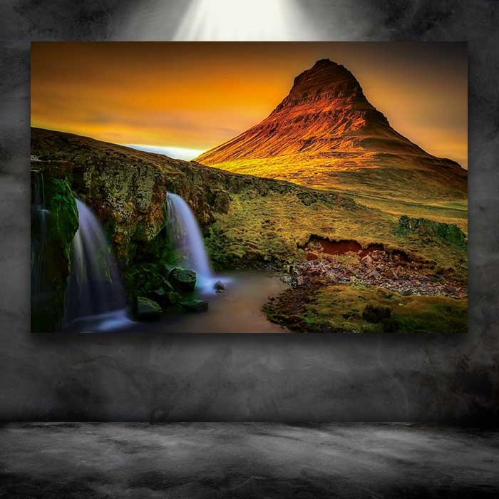Sunset with Waterfalls and Mountain Peak