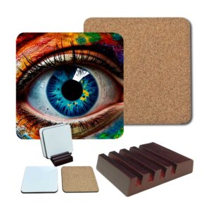 custom photo coasters with cork backing displayed with a slotted mahogany wooden holder