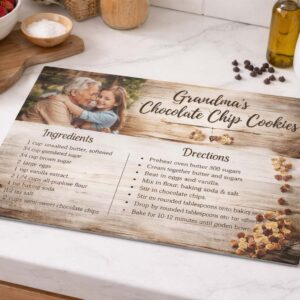 Custom glass cutting board with personalized photo and family recipe displayed on kitchen counter